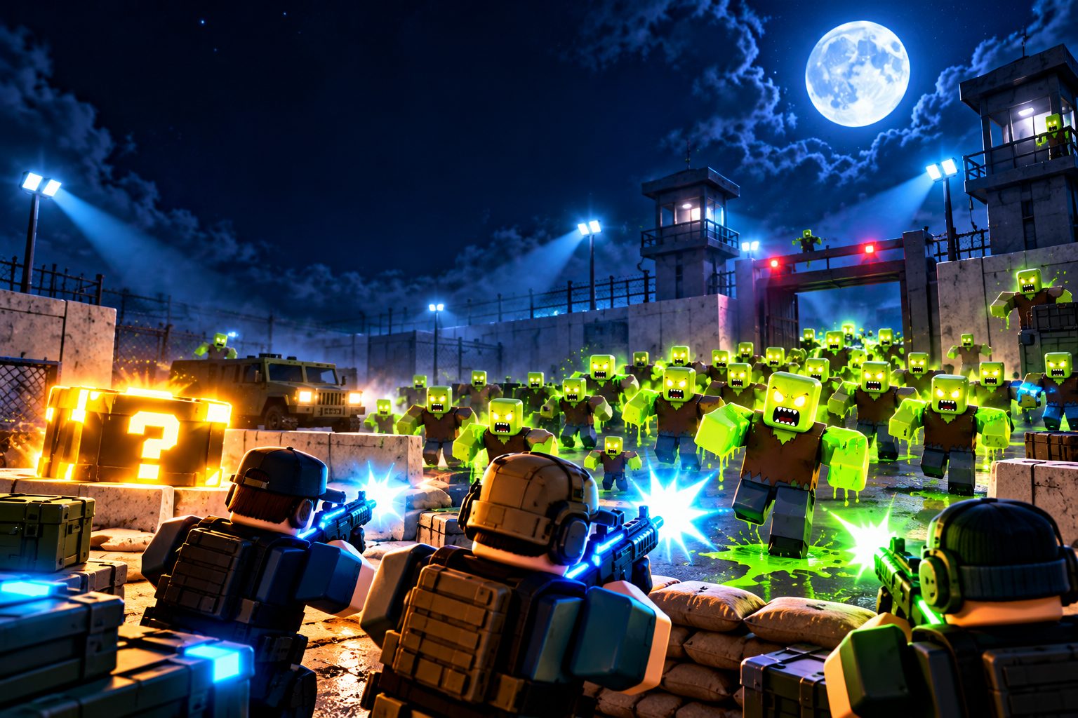 A Roblox squad fires glowing blasters at a horde of green zombies charging across a moonlit outpost