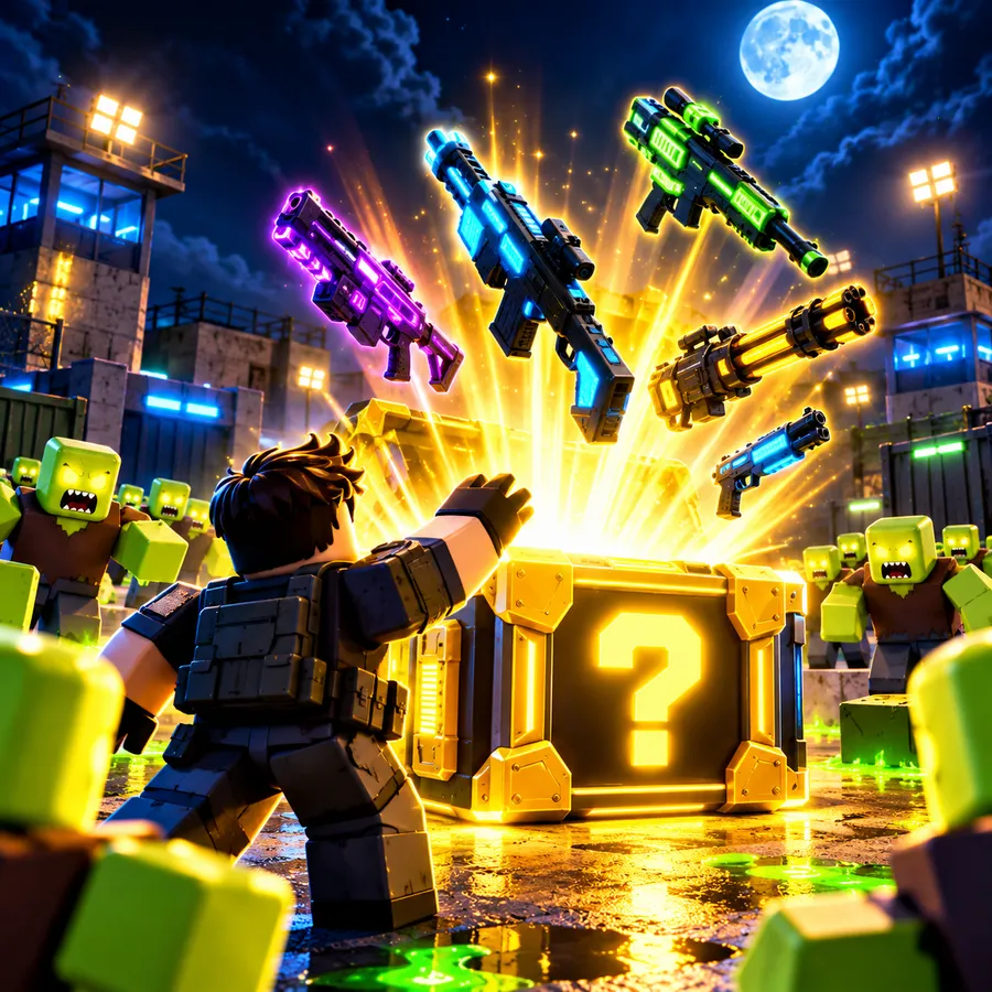 A glowing golden mystery box with a question mark bursts open with weapons